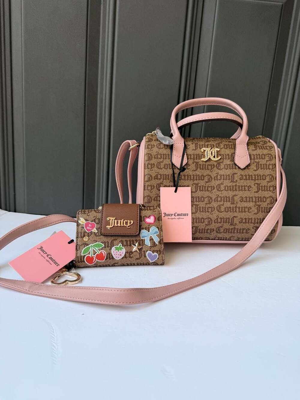 Juicy Couture Chestnut Chino Mommy & Me Satchel Set Monogrammed Purse+Wallet
